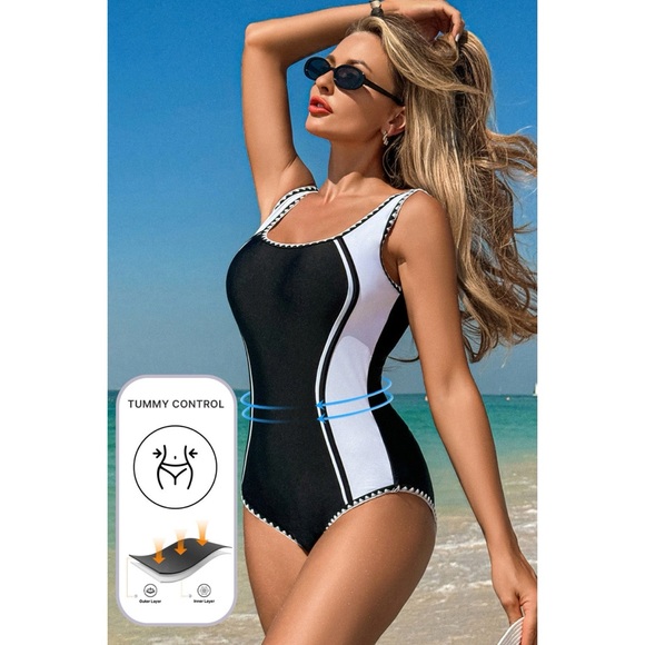 Black Color Block Ric Rac Trim U Neck One Piece Swimsu - Picture 5 of 5